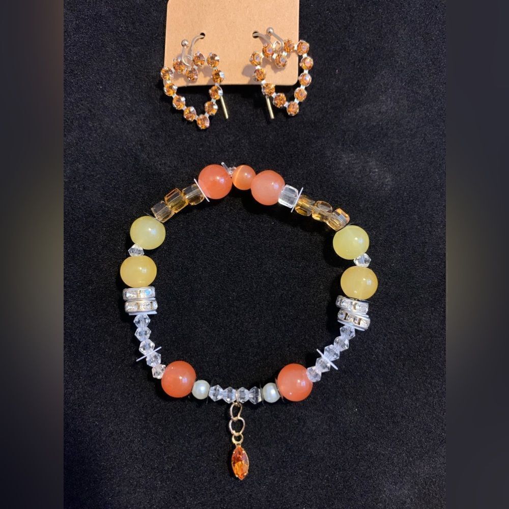 Handmade orange yellow beaded bracelet heart earrings set